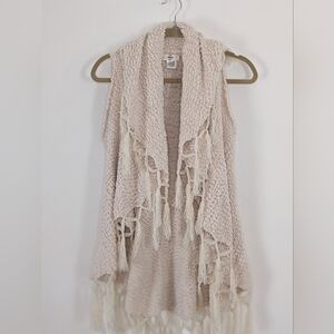 Entro Womens M Creme Fringe Shawl Vest Boho Whimsygoth Open Knit Cardigan